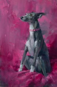 Schüller Vinzenz, "Hund vor pinkem Hintergrund"
